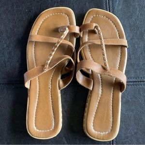 Tan and cream braid strap sandals made in Brazil